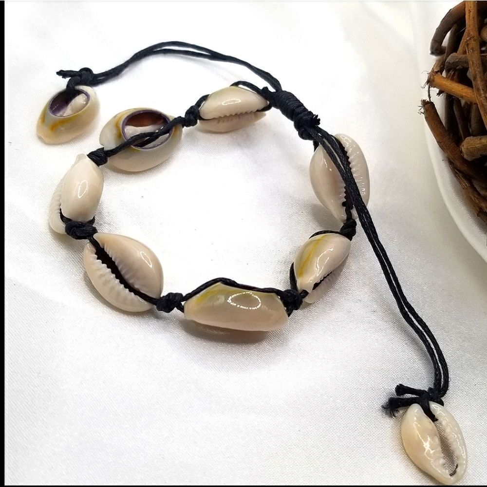 Bohemian puka cream sea shell black Rope  corded cowrie ankle bracelet